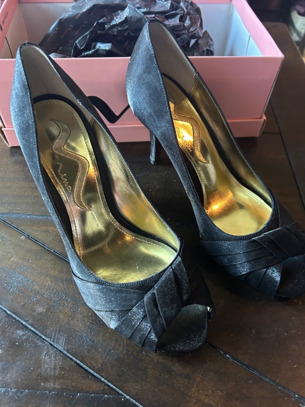 Nina Black Satin Sheen Peep-Toe High Heels